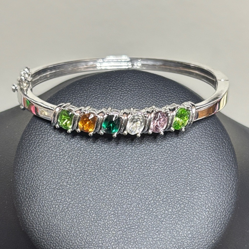 Elegant Silver Tone Multi-Color Gemstone Bangle Colorful Bracelet
